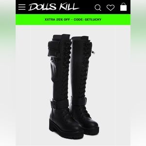 Dollskill, Current Mood, Obsidian tall combat boots with pockets, size 10